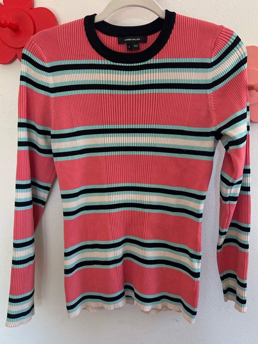 Karen Millen Pink, White & Black Striped Ribbed Crewneck Sweater